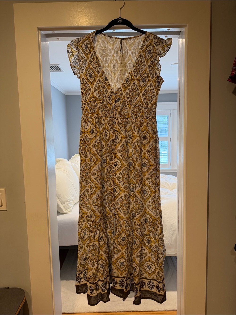 Anthropologie Mustard and Brown Printed V-Neck Ruffle-Sleeve Maxi Dress